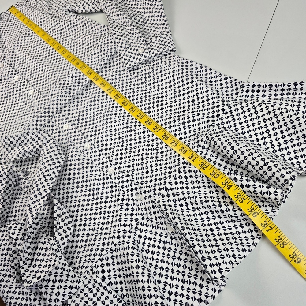 CHAPS Women's Geometric Shirt Dress Tie Waist Ruffle Hem Cotton Black White M - Picture 16 of 16